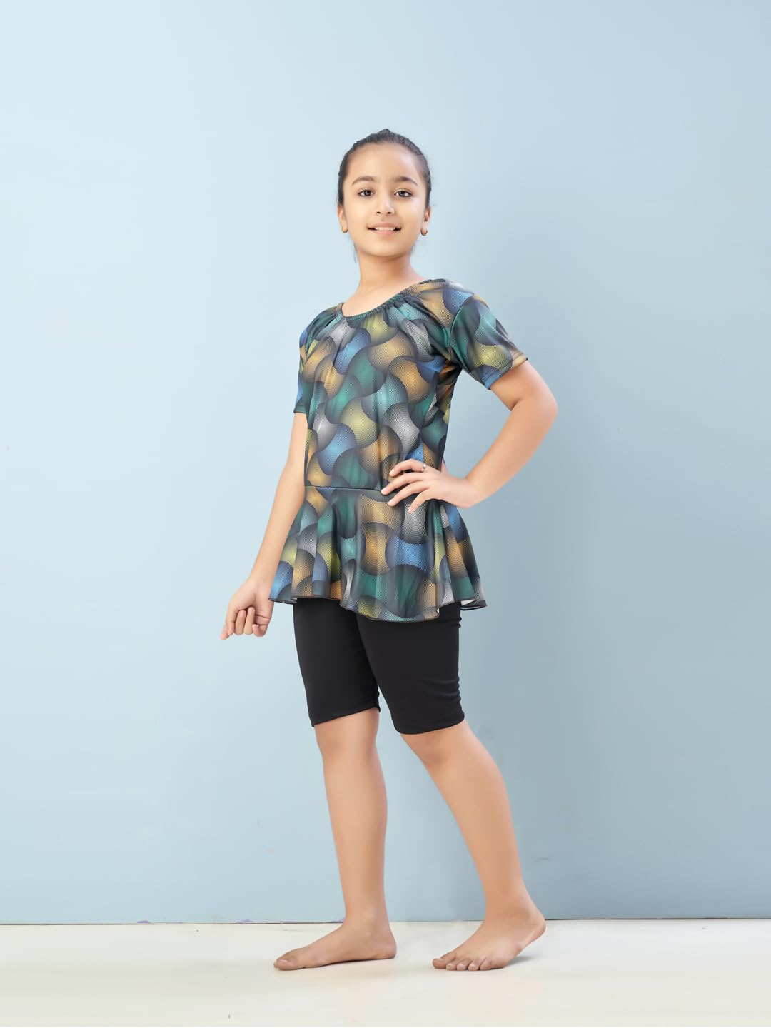 Aarika Girls Sports Wear Green-Black Colour Abstract Print Nylon Swim Suit (5-15 Years)-(SW-SHM-CA-1113)