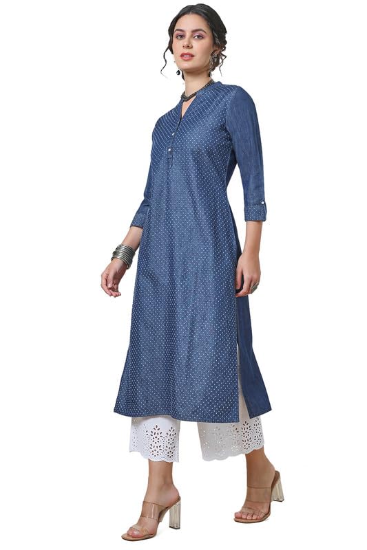 Soch Womens Indigo Mandarin Collar Textured Cotton Blend Kurta