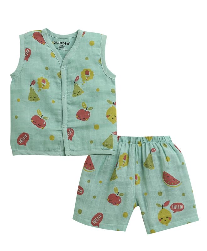 BUMZEE Girls Cotton Muslin Sleeveless Graphic Print Front Open Jabla & Short Set Green - 12-18 Months (Peb11539E-grn)