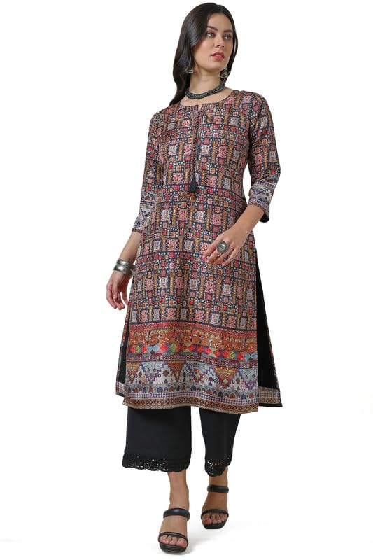 Soch Womens Black Abstract Print Silk Blend Kurta With Tassels