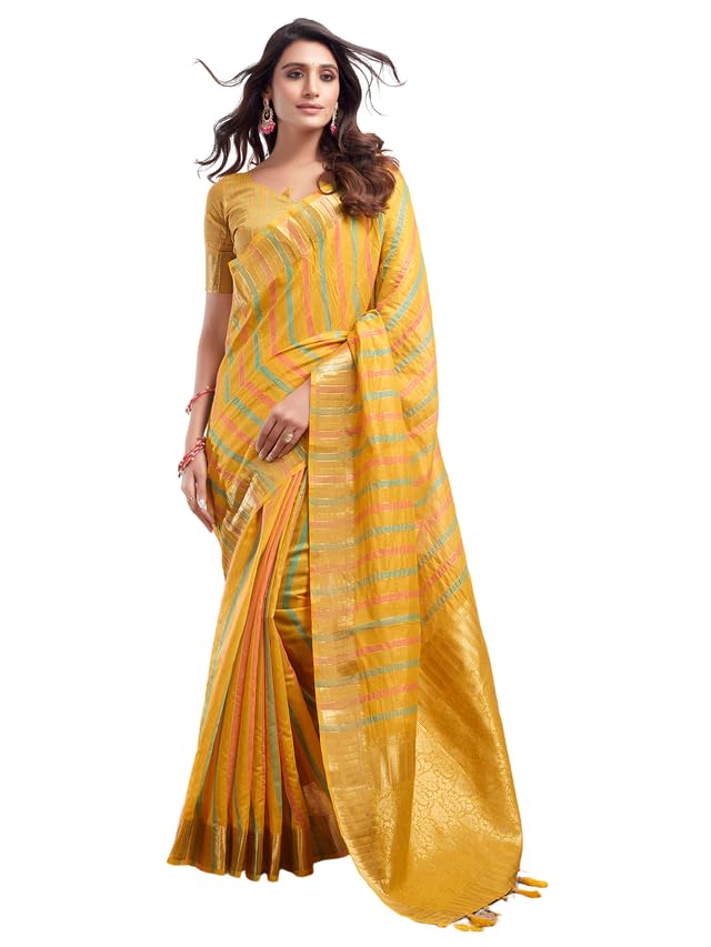 Satrani Womens Cotton Silk Woven Stripe & Jacquard Saree with Unstitched Blouse Piece (3474S5974N_Yellow)