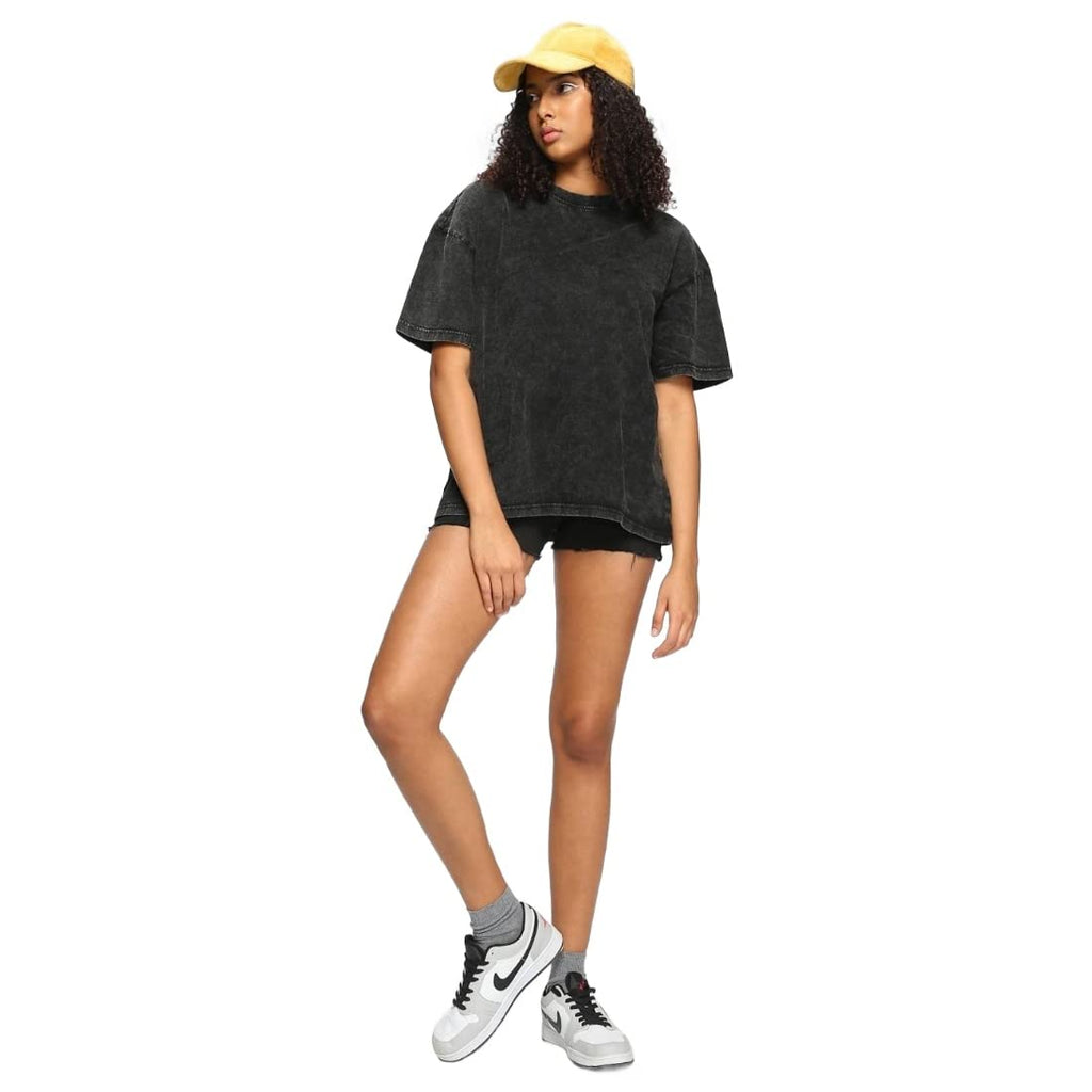 Bewakoof Womens Acid Wash 100% Cotton T-Shirt- Loose Fit, Round Neck, Half Sleeves