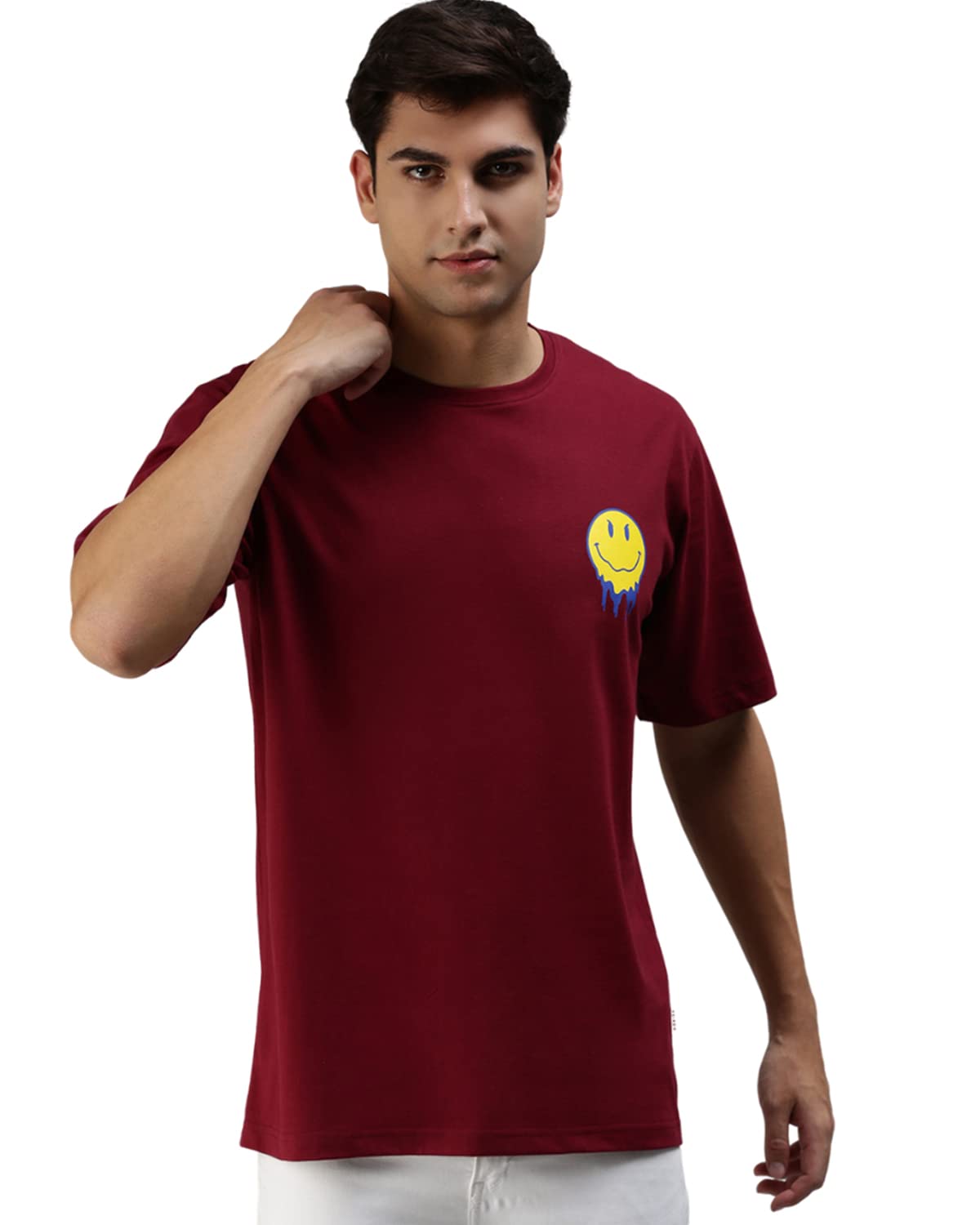 Veirdo Men's Oversize Loose Baggy Fit Drop Shoulder and Pocket Print Design Short Sleeve Marron T-Shirt