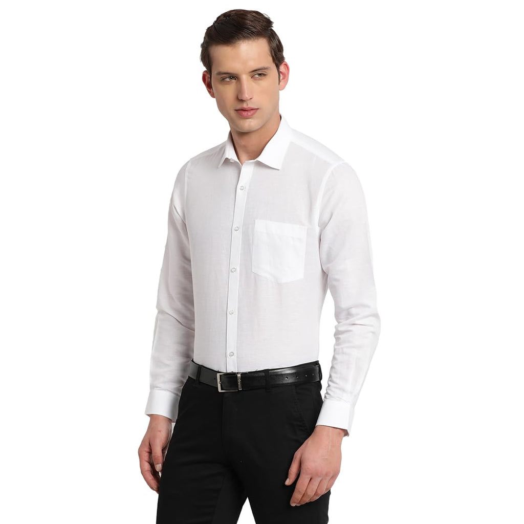 Turtle Men Cotton Linen Regular Fit Solid Full Sleeve Formal Shirt White