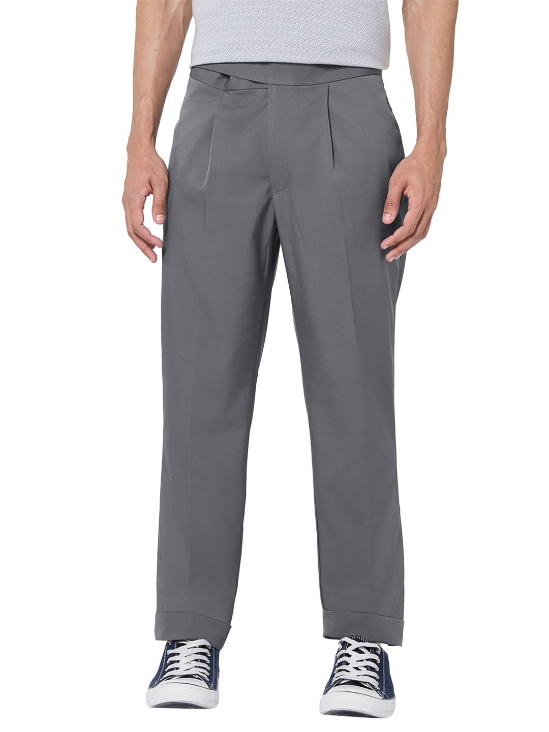 Bewakoof Mens Solid Regular Fit Cotton Lycra Blend Pant_677458_Grey_34