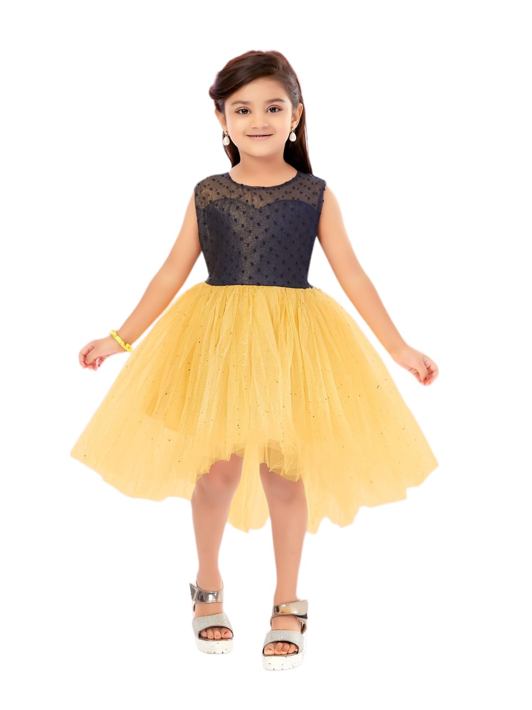 Aarika Girls Net Fit and Flare Knee-Length Dress (SP-FK-3005_Navy Blue-Fawn