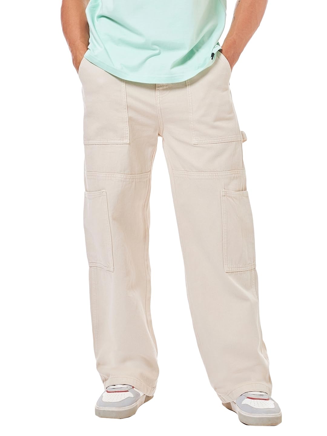 Bewakoof Mens Solid Straight Fit Cotton Carpenter Jeans_624675_Beige_38