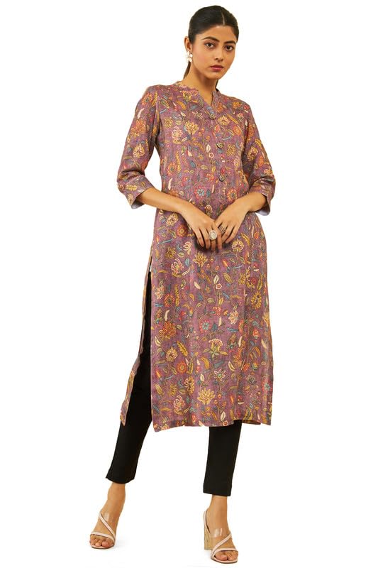 Soch Womens Purple Linen All-Over Floral Print Straight Kurta