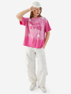 The Souled Store Pink Fever Women and Girls Short Sleeves Round Neck Pink Puff Printed Cotton Oversized T-Shirts