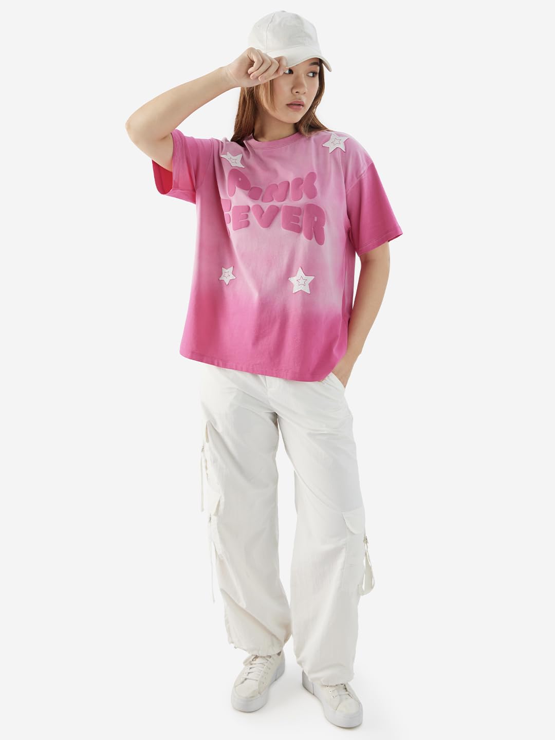 The Souled Store Pink Fever Women and Girls Short Sleeves Round Neck Pink Puff Printed Cotton Oversized T-Shirts