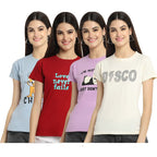 Preneum Womens Cotton Regular Fit Latest Graphic Stylish Printed Short Sleeves Casual T-Shirt || Latest Trendy & Styles (Pack 4