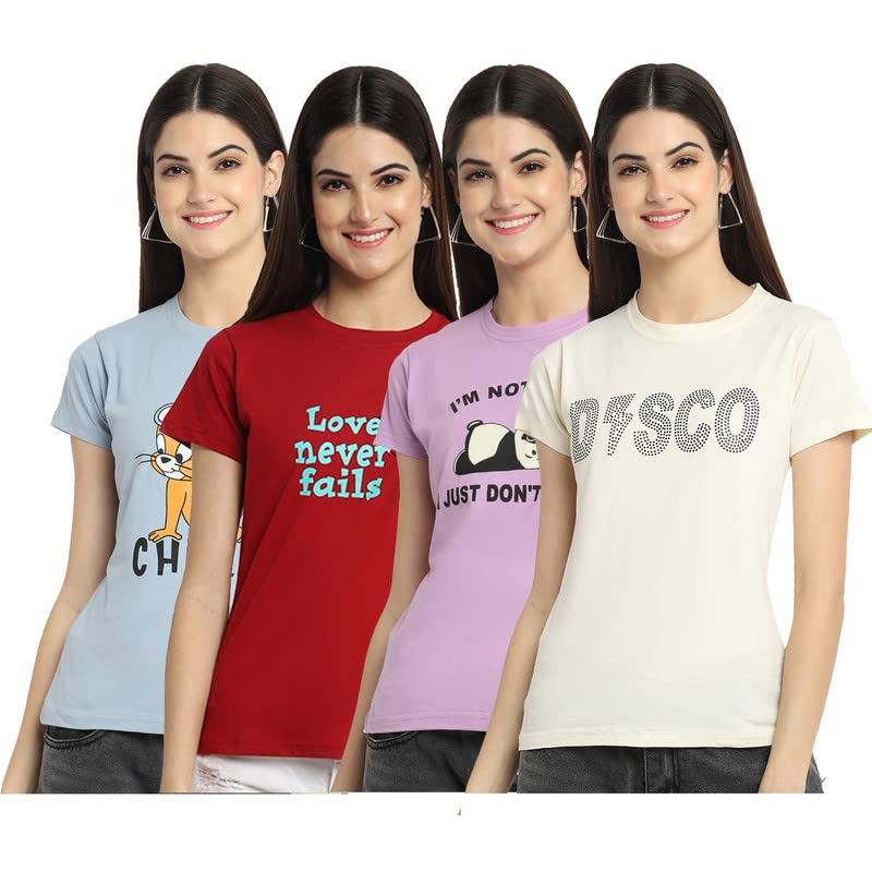 Preneum Womens Cotton Regular Fit Latest Graphic Stylish Printed Short Sleeves Casual T-Shirt || Latest Trendy & Styles (Pack 4