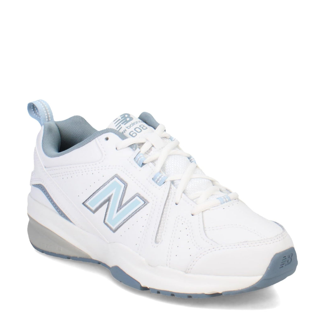 New Balance Women's 608 V5 Casual Comfort Cross Trainer, White/Light Blue, 7.5 Narrow