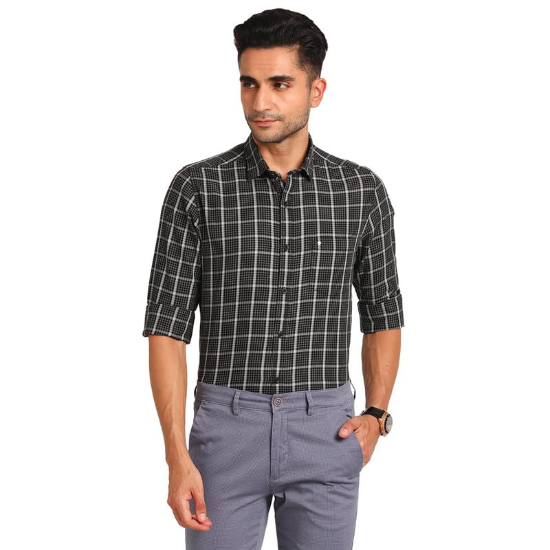 Turtle Men Cotton Melange Slim Fit Casual Check Black Shirt
