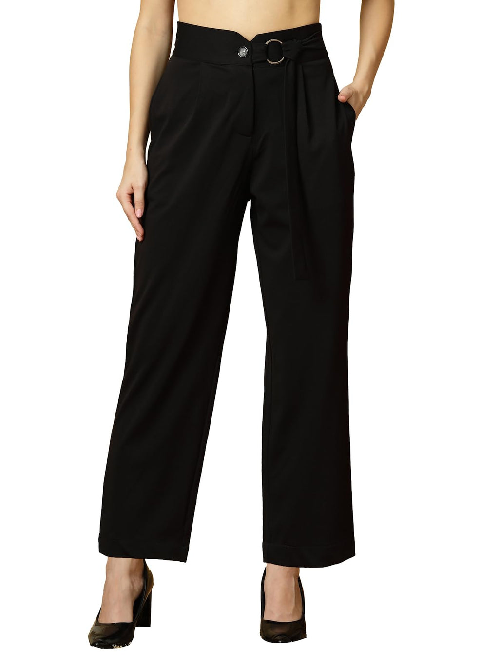 Womens Wide Leg Pants | Solid Black Stretchable Polyester Trousers | Stylish Korean Clothing | Flared, Straight Fit, Baggy, and