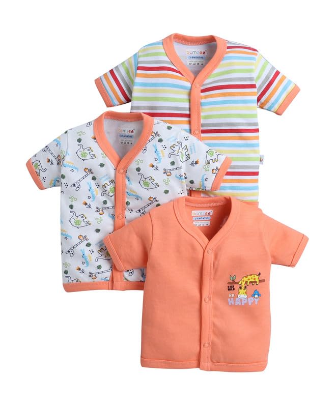 BUMZEE Baby Boys Cotton Pack of 3 Front Open Jablas Half Sleeves Orange & White - 9-12 Months (Peb10535E-org)