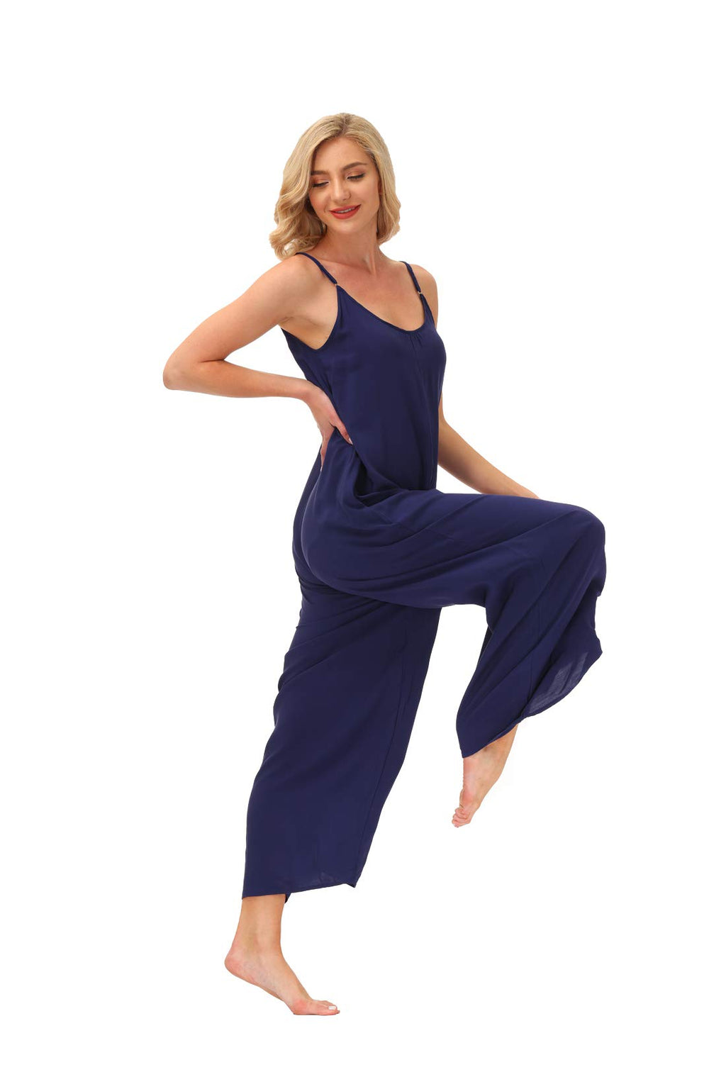 wexcen Womens Floral Printed Jumpsuits Casual Sleeveless Spaghetti Strap Rompers Wide Leg Pants with Two Pockets (Navy, XL)