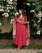 ANNI DESIGNER Womens Rayon Blend Anarkali Printed Kurta with Pant & Dupatta (OOH Red_L_Red_Large)