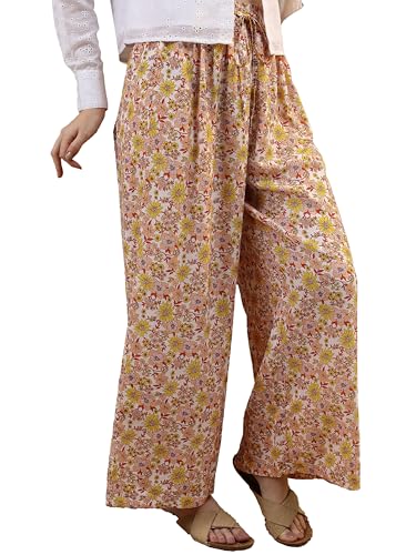 Ketch Women Mid Rise Regular Casual Pants (Khp0000002_Yellow/White/Multi, Medium)