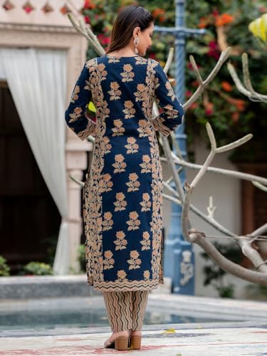 ANNI DESIGNER Womens Rayon Blend Straight Printed Kurta with Pant & Dupatta (Alaya Navy Blue_M_Navy Blue_Medium)