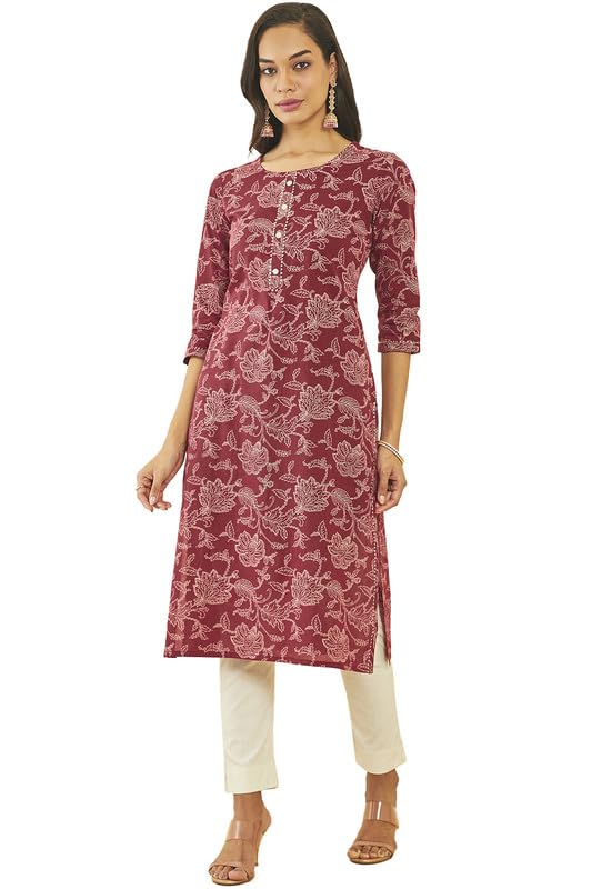 Soch Womens Maroon Cotton Floral Print Straight Kurta With Gota Patti Details