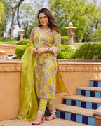 ANNI DESIGNER Womens Cotton Blend Printed Straight Kurta with Pant & Dupatta (Moriya Yellow_S_Yellow_Small)