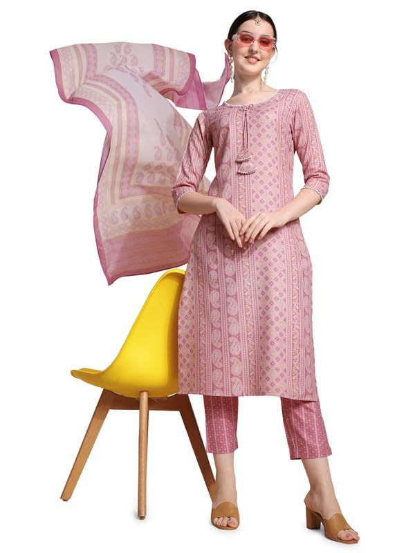 Nainvish Women'S Cotton Blend Straight Round Neck Printed Kurta Pant With Dupatta (Sd400_Kbd-Xxl._Pink)