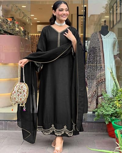 ANNI DESIGNER Womens Rayon Viscose Anarkali Embroidered Kurta with Pant & Dupatta (Ranibai Black_M_Black_Medium)