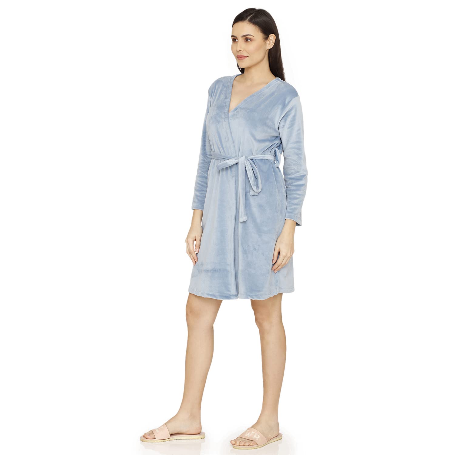 Zivame Velour Knit Poly Robe For Women - Blue Shadow