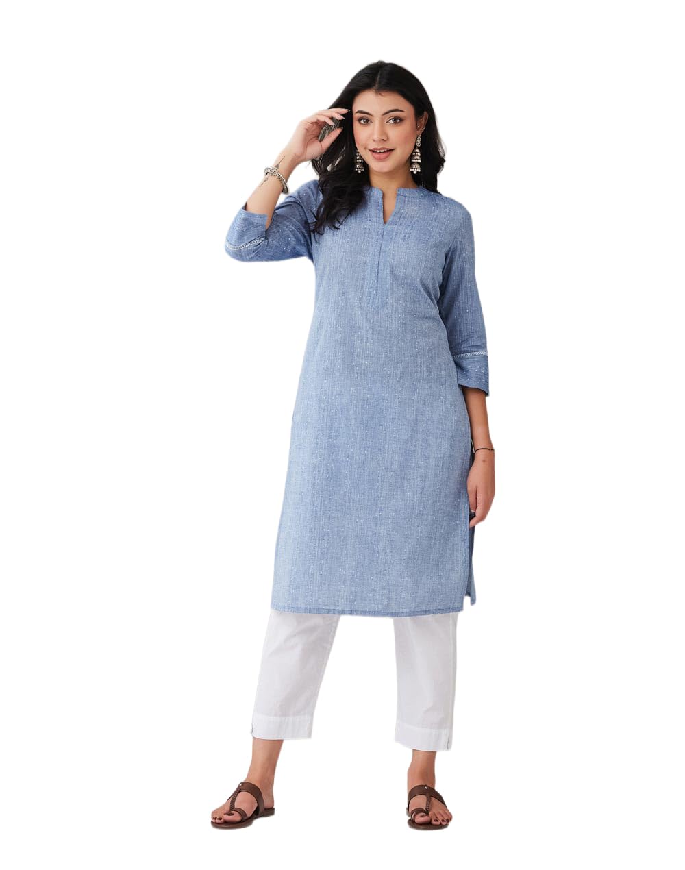 Fabindia Blue Cotton Slim Fit Knee Length Kurta