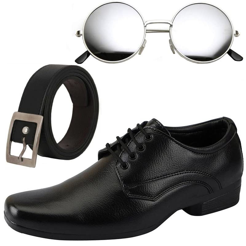 Vitoria Stylish Boys LaceUp Formal Shoes with Free Belt & Unisex Round Sliver Sunglasses Combo/10 10