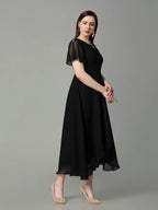 Selvia Western Dress For Women| Solid Cap Sleeve Georgette Western Dress For Women | Keyhole Neck Fit & Flare Dress For Women |