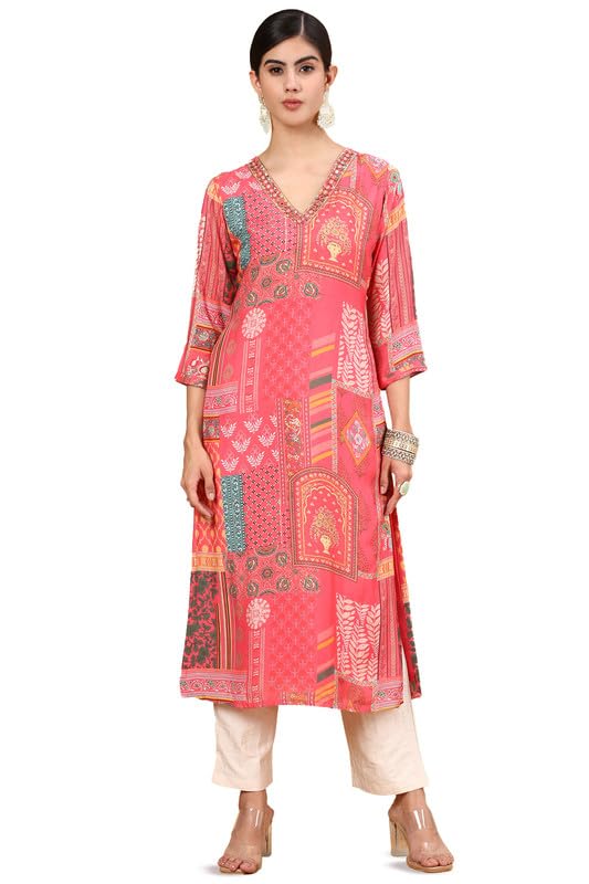 Soch Women Ethnic Motifs Printed Muslin Straight Kurta with Beads