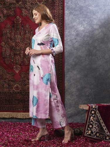 ANNI DESIGNER Womens Cotton Blend Straight Printed Kurta with Palazzo (Swans Baby Pink_L_Baby Pink_Large)