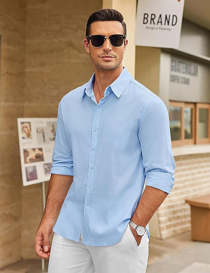 CB-COLEBROOK Mens Long Sleeve Button Down Shirts Casual Cotton Linen Shirts Summer Beach Shirt for Mens Top (in, Alpha, M, Regu