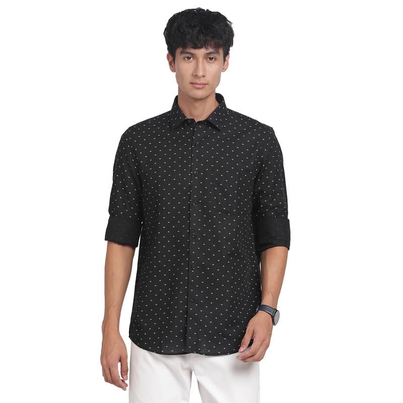 Turtle Men Cotton Linen Black Printed Slim Fit Full Sleeve Formal Shirt