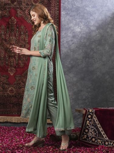 ANNI DESIGNER Womens Rayon Blend Printed Straight Kurta with Pant & Dupatta (VICE Green-VKS03_XL_Green_X-Large)