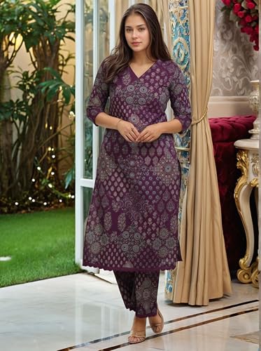 ANNI DESIGNER Womens Rayon Viscose Straight Printed Kurta with Pant (KADAI Wine_S_Wine_Small)