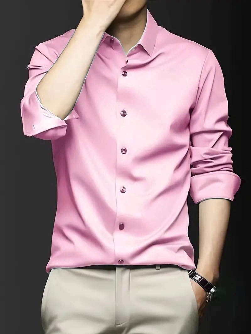 Indoprimo MenS Stylish Solid Satin Casual Shirt For Men Full Sleeve Baby Pink