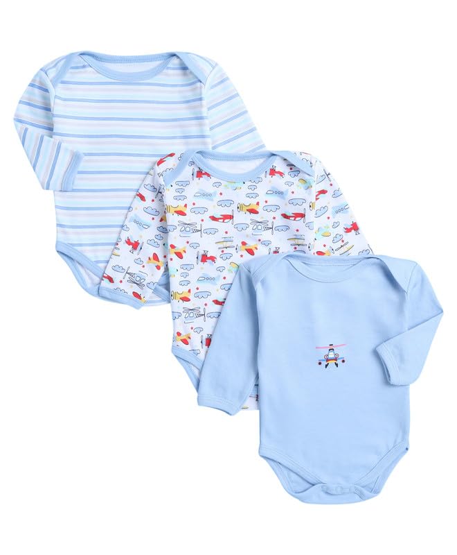 BUMZEE Sky Blue & White Baby Boys Full Sleeves Cotton Bodysuit/Onesies Pack Of 3 Age - New Born (Peb9952A-sbl.wht)