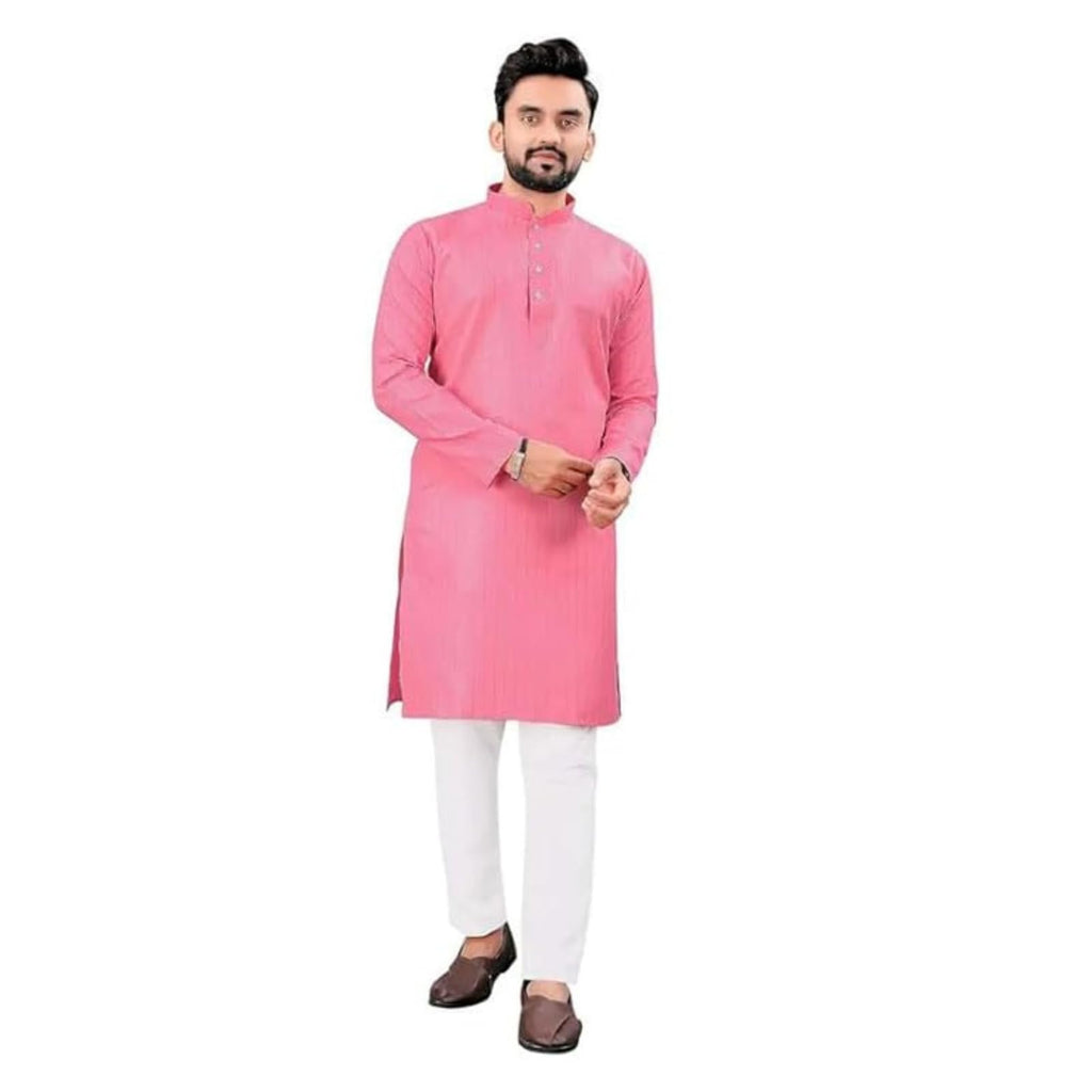 Fashion Gallery MenS Solid Pattern Polycotton Kurta With Long Sleeve Round Neck Knee Length And Pull On Closure Type|Men Kurta 