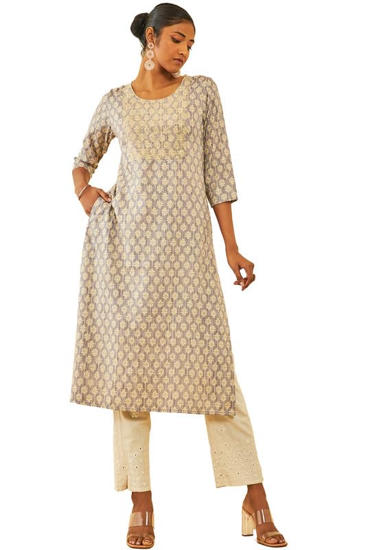 Soch Women Rayon Floral Printed Straight Kurta with Thread Work