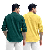 Royalscout Combo Of MenS Solid Cotton Blend Full Sleeve Straight Kurta Shirt (Pack Of 2) Green-Yellow