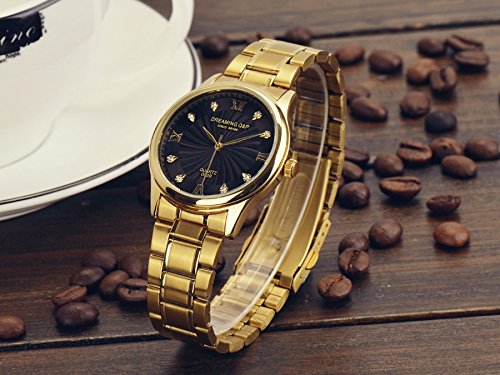 DREAMING Q&P IP Gold Plating Steel Roman Numeral Dial with Rhinestones Luxury Mens Wrist Watches for Man Black 003