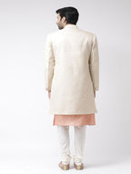 Kisah MenS Kurta Indo-Western Sherwani Churidar Set, Cream Brocade, Ethnic Motifs Regular Fit Mandarin Collar Full Sleeves (M),