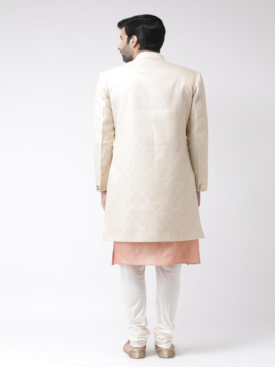 Kisah MenS Kurta Indo-Western Sherwani Churidar Set, Cream Brocade, Ethnic Motifs Regular Fit Mandarin Collar Full Sleeves (M),