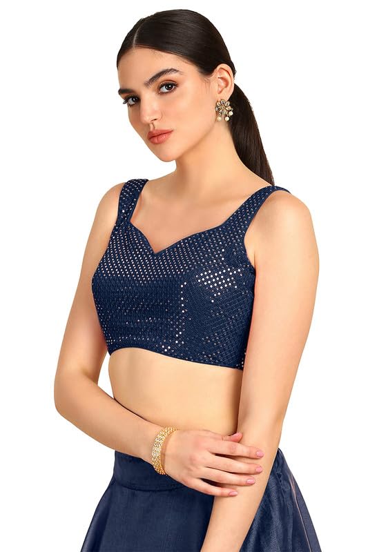 Soch Womens Navy Blue Sequinned Sweetheart Neck Georgette Padded Blouse