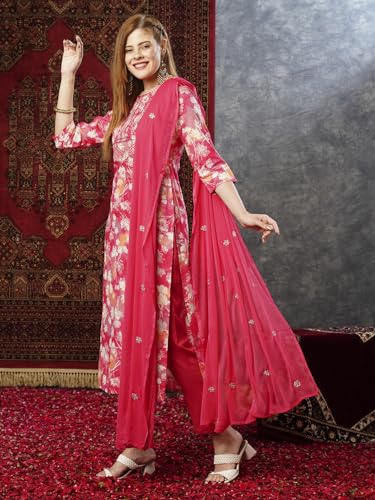 ANNI DESIGNER Womens Cotton Blend Printed Straight Kurta with Pant & Dupatta (Bhadrusha Pink_XXL_Pink_XX-Large)