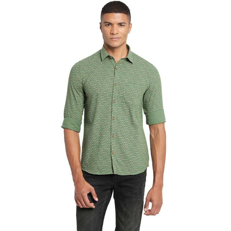 Turtle Men Dark Green Khadi Printed Slim Fit Casual Shirts