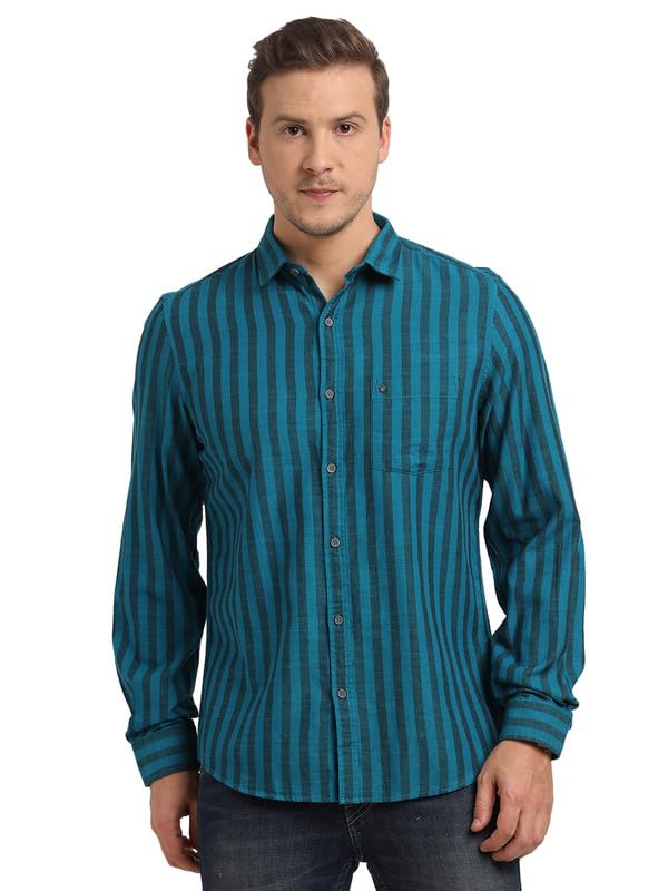 Turtle Men Cotton Melange Slim Fit Regular Fitvy Blue Check Full Sleeve Casual Shirt